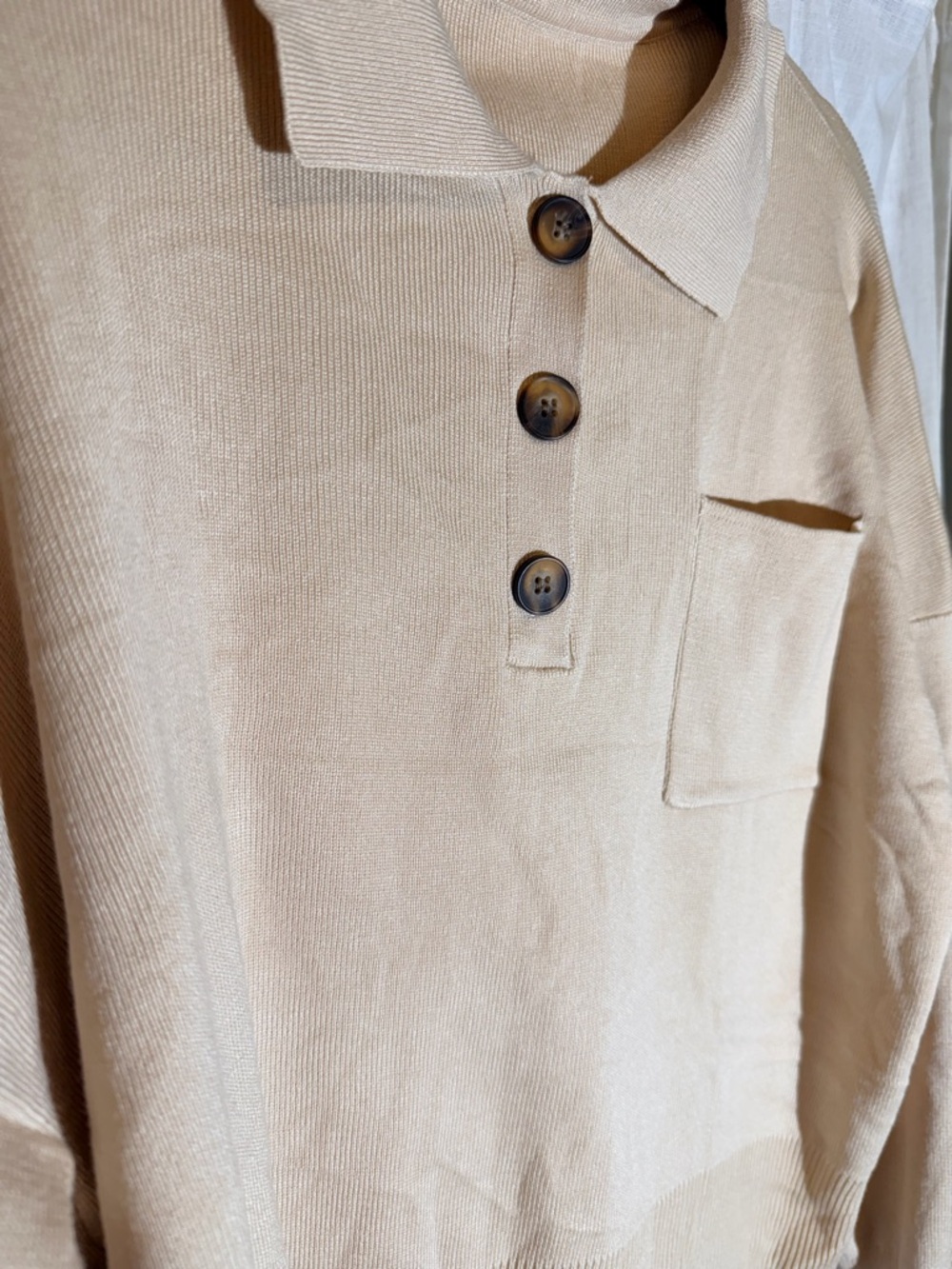 Light Beige Knit Top with Small Chest Pocket - Picture 3 of 10